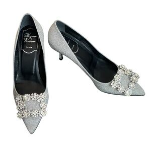 Roger Vivier Glittering Silver Heels with Crystal Embellishments size 34